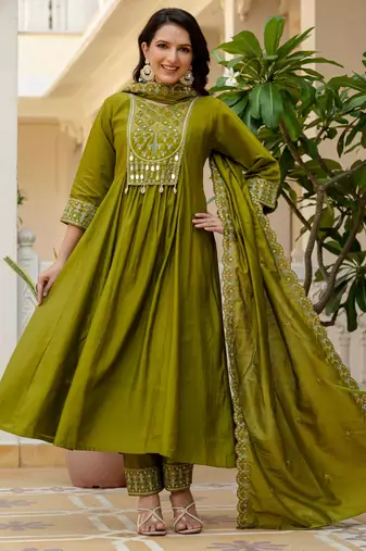 Mehendi embroidered viscose roman silk kurta set with dupatta