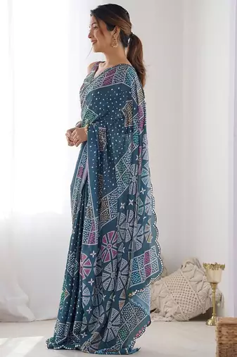 Blue digital printed georgette saree set