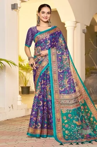 Royal purple handloom peacock floral print saree