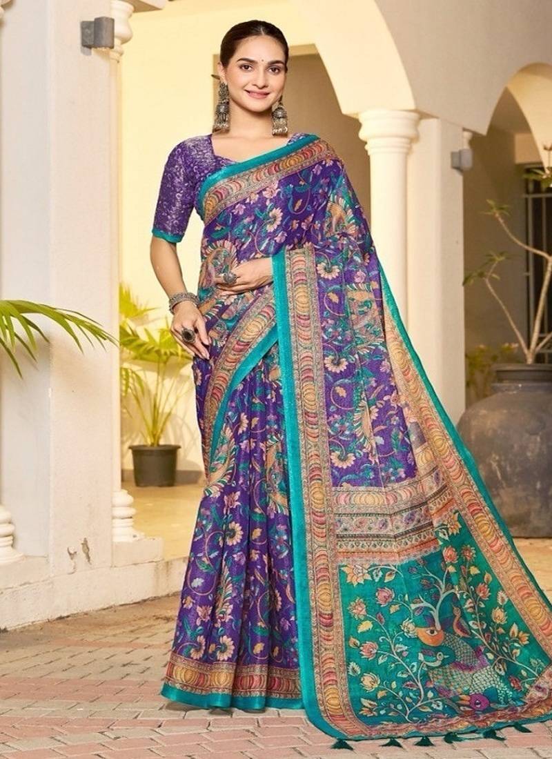 Royal purple handloom peacock floral print saree