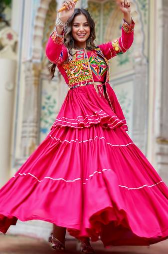 pink cotton navratri lehenga choli with gamthi work