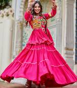 pink cotton navratri lehenga choli with gamthi work