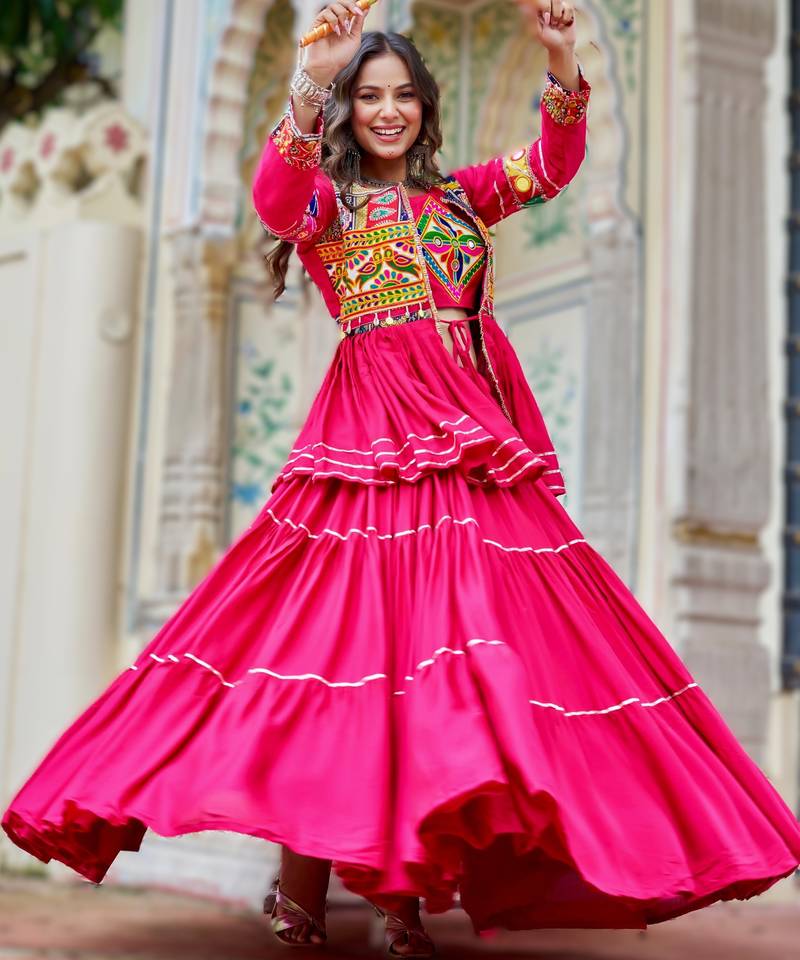 pink cotton navratri lehenga choli with gamthi work