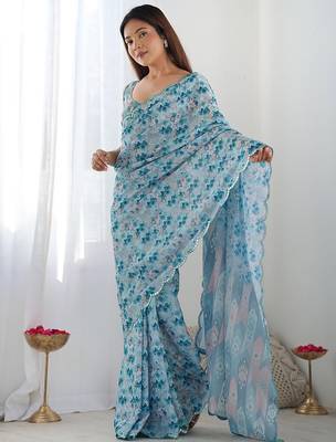 Sky blue digital printed georgette saree set 4