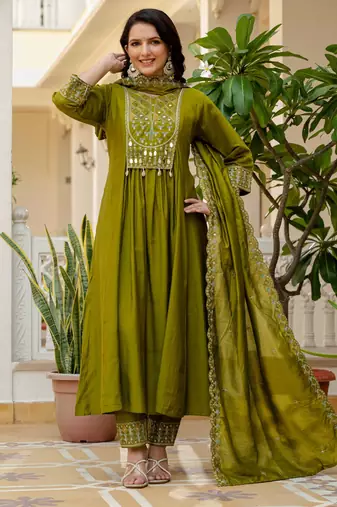 Mehendi embroidered viscose roman silk kurta set with dupatta