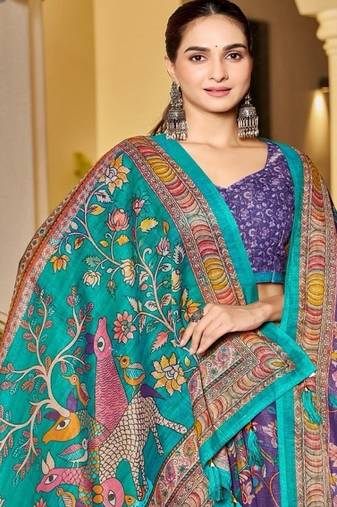Royal purple handloom peacock floral print saree