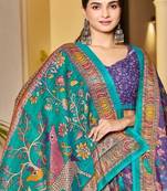 Royal purple handloom peacock floral print saree