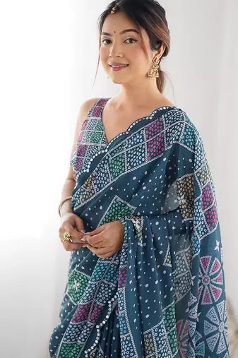 Blue digital printed georgette saree set