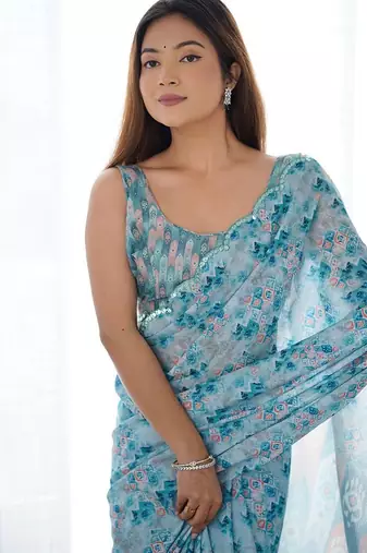 Sky blue digital printed georgette saree set