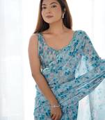 Sky blue digital printed georgette saree set