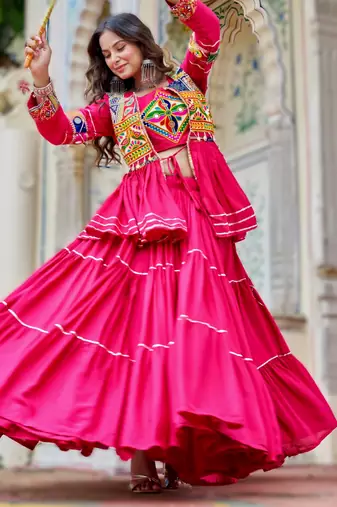 pink cotton navratri lehenga choli with gamthi work