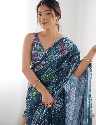 Blue digital printed georgette saree set 1