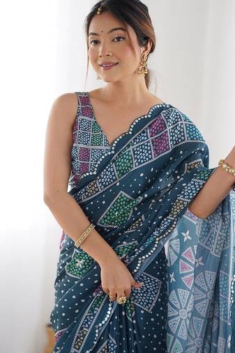 Blue digital printed georgette saree set