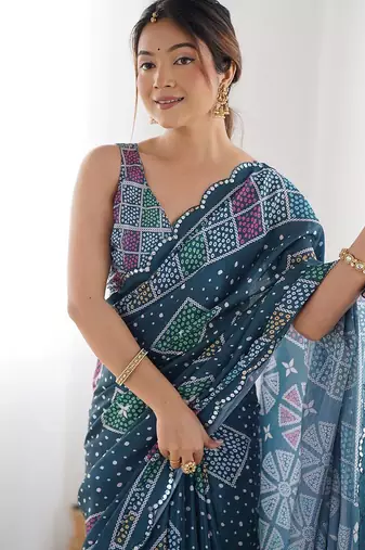 Blue digital printed georgette saree set