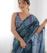 Blue digital printed georgette saree set