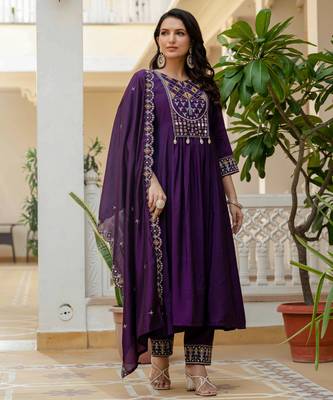 Purple embroidered viscose roman silk kurta set with dupatta 1