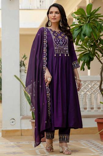 Purple embroidered viscose roman silk kurta set with dupatta