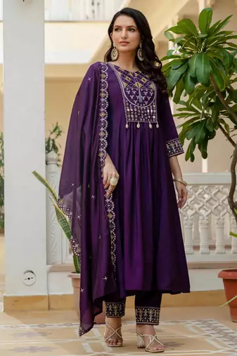 Purple embroidered viscose roman silk kurta set with dupatta