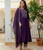 Purple embroidered viscose roman silk kurta set with dupatta