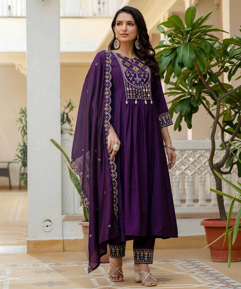 Purple embroidered viscose roman silk kurta set with dupatta