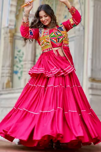 pink cotton navratri lehenga choli with gamthi work