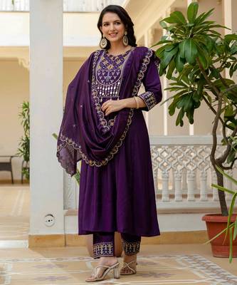Purple embroidered viscose roman silk kurta set with dupatta 2