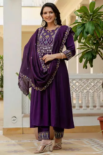Purple embroidered viscose roman silk kurta set with dupatta