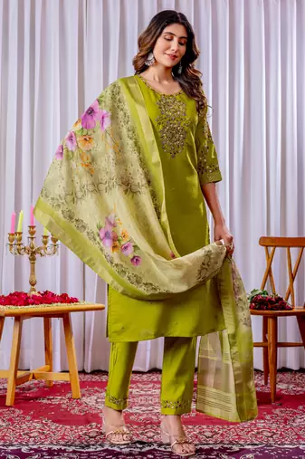 Parrot green embroidered viscose silk kurta set with dupatta