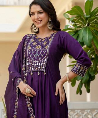 Purple embroidered viscose roman silk kurta set with dupatta 3
