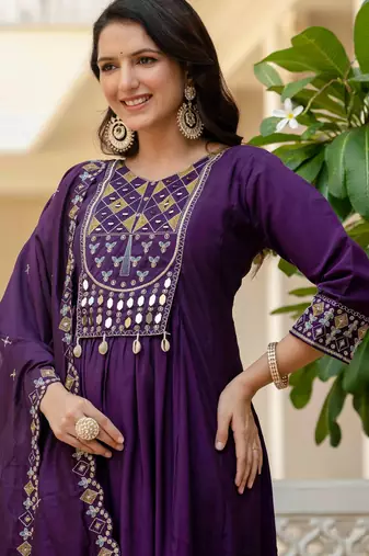 Purple embroidered viscose roman silk kurta set with dupatta