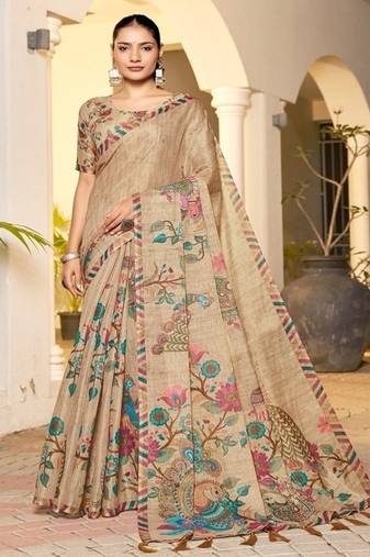 Premium  handloom beige peacock & floral print saree with teal pallu