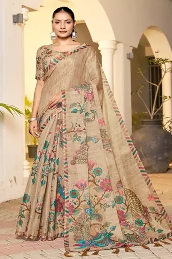 Premium  handloom beige peacock & floral print saree with teal pallu