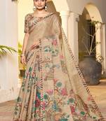 Premium  handloom beige peacock & floral print saree with teal pallu