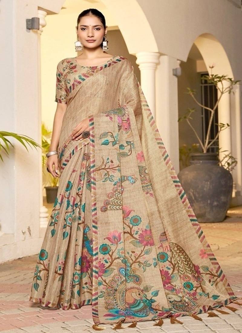 Premium  handloom beige peacock & floral print saree with teal pallu