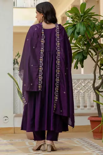 Purple embroidered viscose roman silk kurta set with dupatta