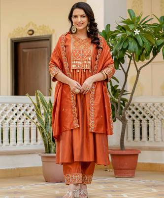 Orange embroidered viscose roman silk kurta set with dupatta 1