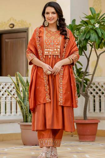 Orange embroidered viscose roman silk kurta set with dupatta