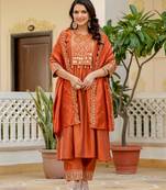 Orange embroidered viscose roman silk kurta set with dupatta