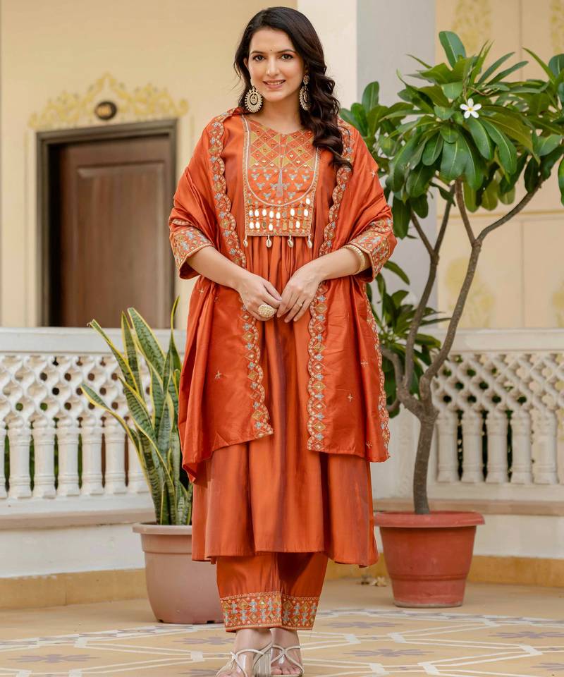 Orange embroidered viscose roman silk kurta set with dupatta