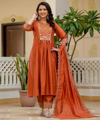 Orange embroidered viscose roman silk kurta set with dupatta 2