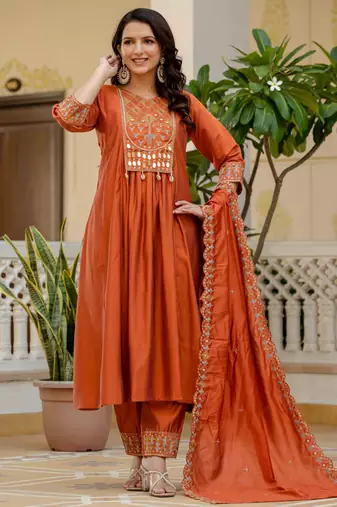 Orange embroidered viscose roman silk kurta set with dupatta