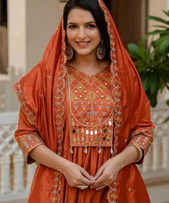 Orange embroidered viscose roman silk kurta set with dupatta 3