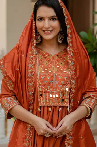 Orange embroidered viscose roman silk kurta set with dupatta
