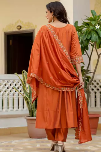 Orange embroidered viscose roman silk kurta set with dupatta