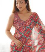 Red digital printed georgette saree set