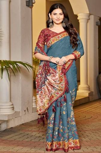 Teal blue handloom floral  saree with maroon border & tassel pallu