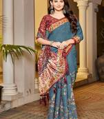 Teal blue handloom floral  saree with maroon border & tassel pallu