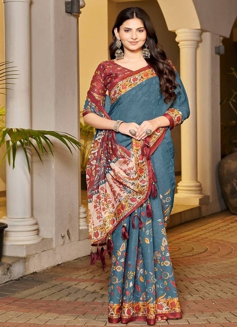 Teal blue handloom floral  saree with maroon border & tassel pallu