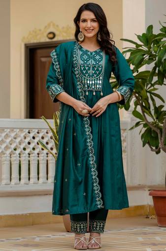 Teal embroidered viscose roman silk kurta set with dupatta