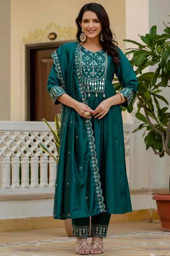 Teal embroidered viscose roman silk kurta set with dupatta